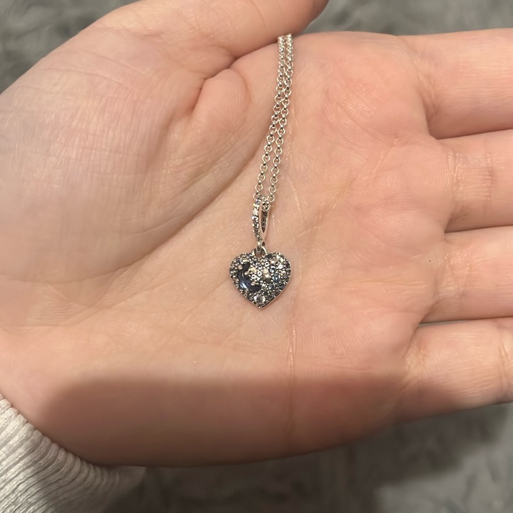 Pandora Silver Heart Pendant Necklace with Clear Stones